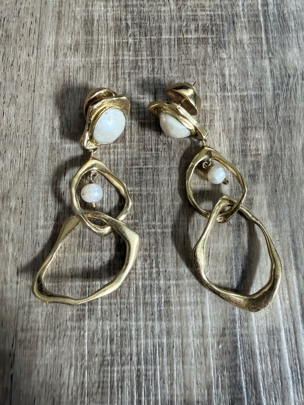 AJE Australia Pearl and Gold Abstract Hoop Drop Earrings